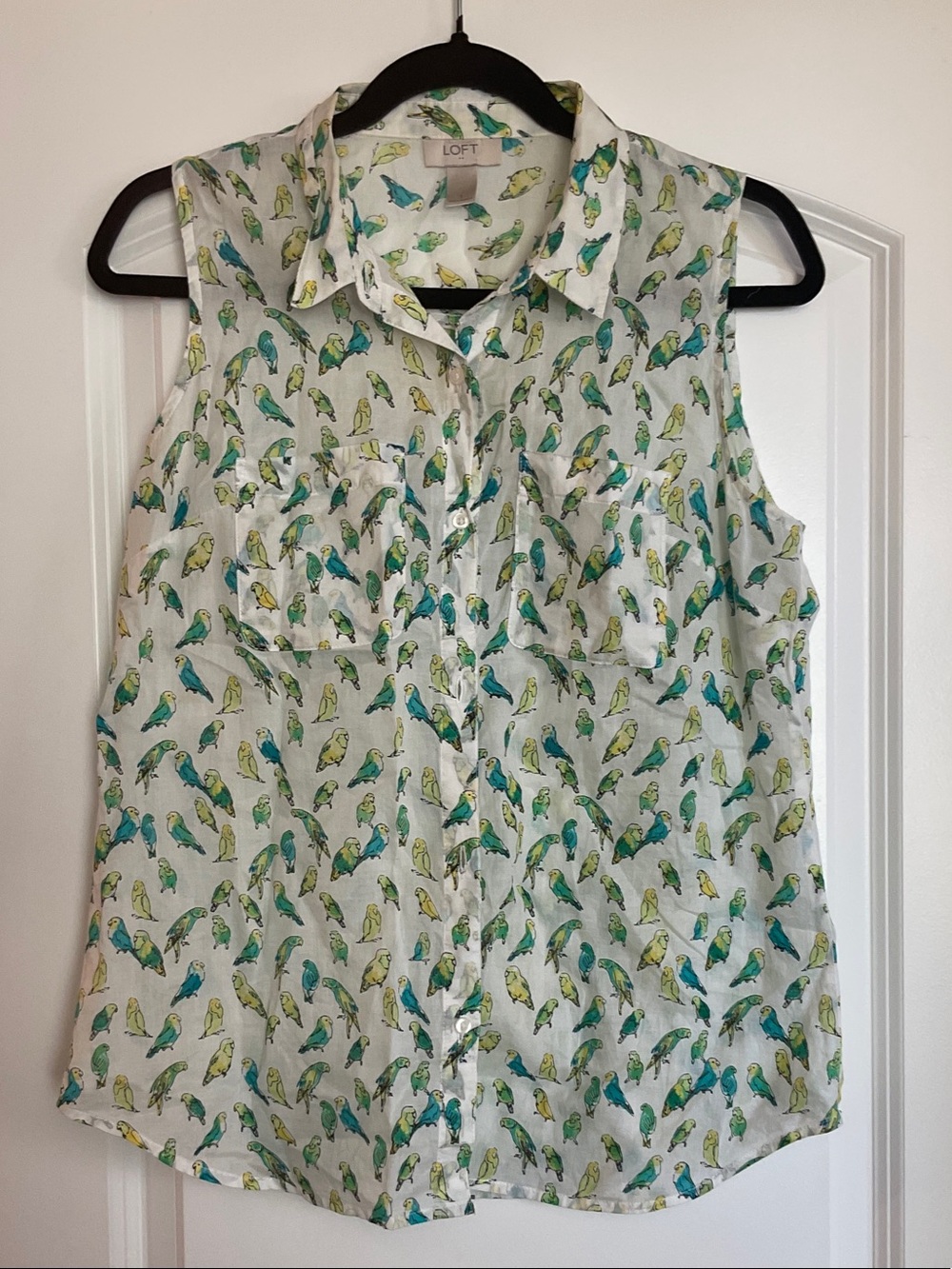 LOFT White Sleeveless Button-Up Blouse with Teal and Lime Bird Print